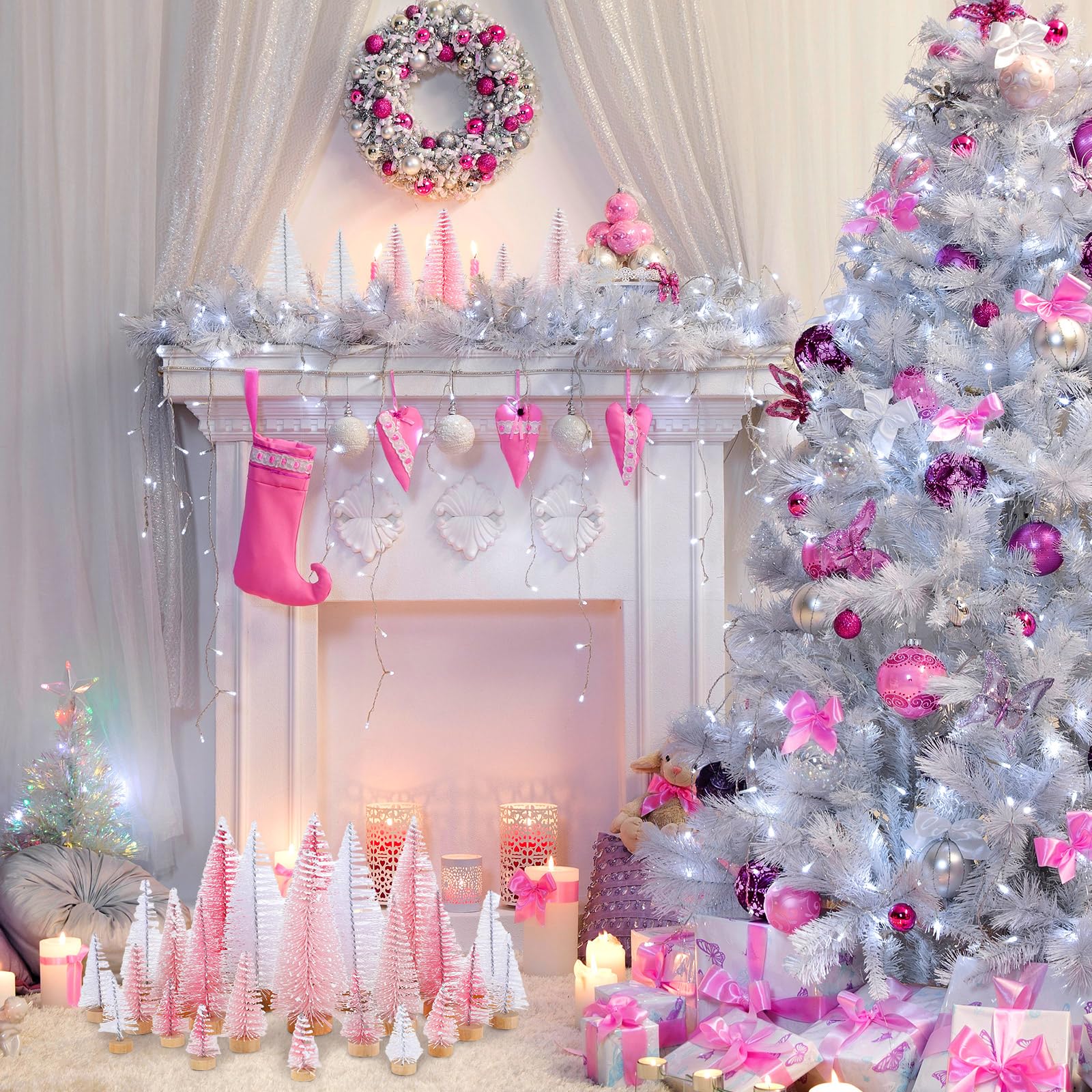 Leyndo 24 mini árbol de Navidad artificial rosa y blanco con base de madera, decoración de Navidad para mesa de Navidad, adornos de invierno, hogar, cocina, manualidades, 24 unidades