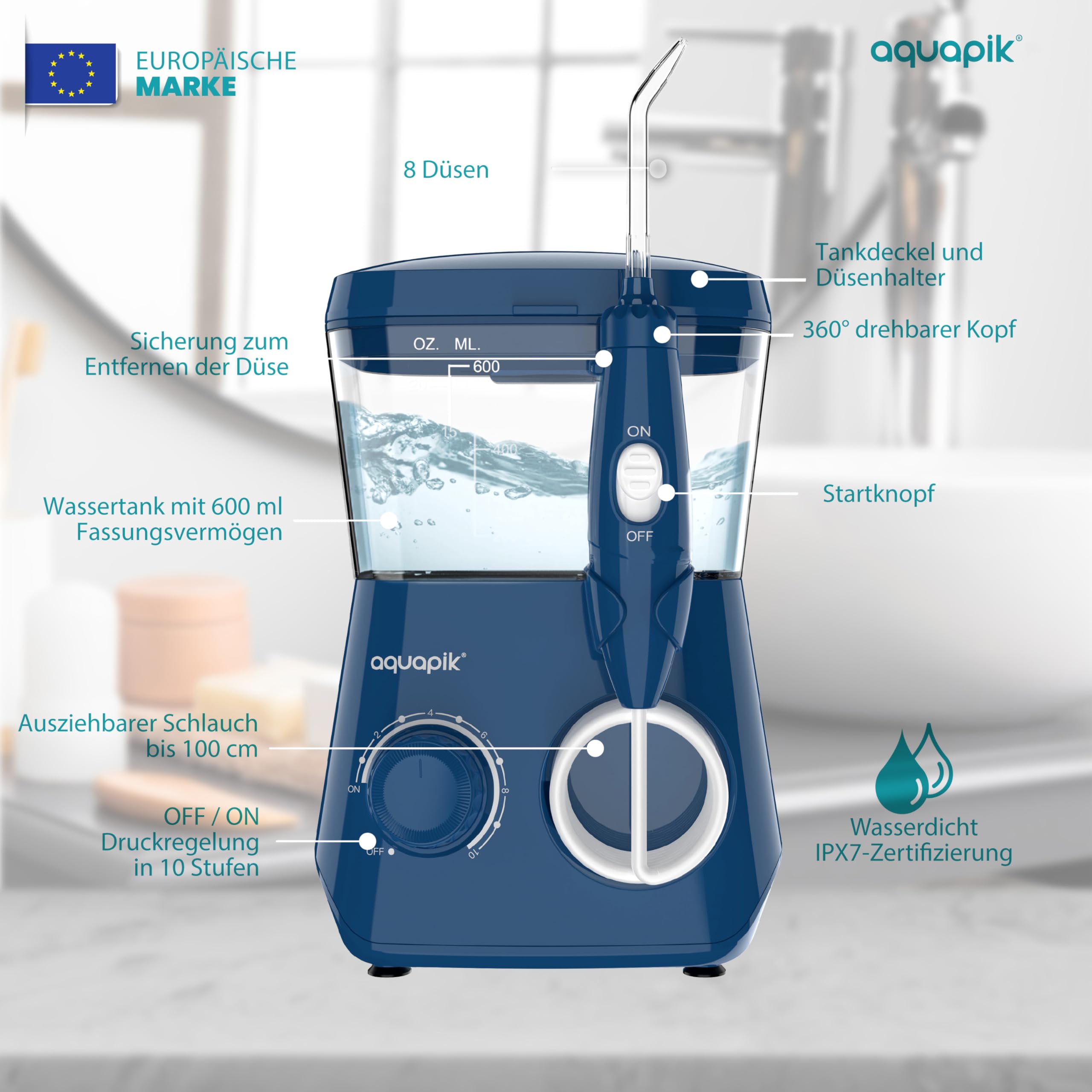Aquapik® ADVANCED Munddusche | Ideal für Zahnspangen, Implantate und empfindliches Zahnfleisch | Aufhellungs-Kit entfernt Flecken | 10 Druckstufen | 10 Düsen | Von Zahnärzten empfohlen.