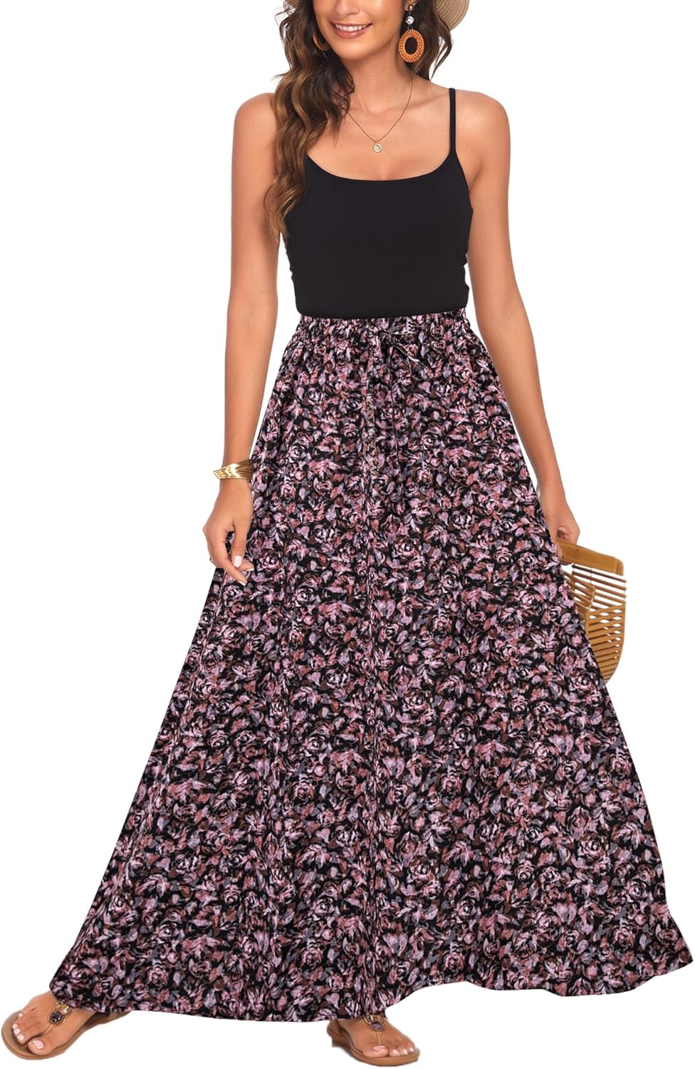 Bluetime Women Flowy Long Skirts Summer Beach Pleated Elastic High Waisted Casual Maxi Skirts - Image 3