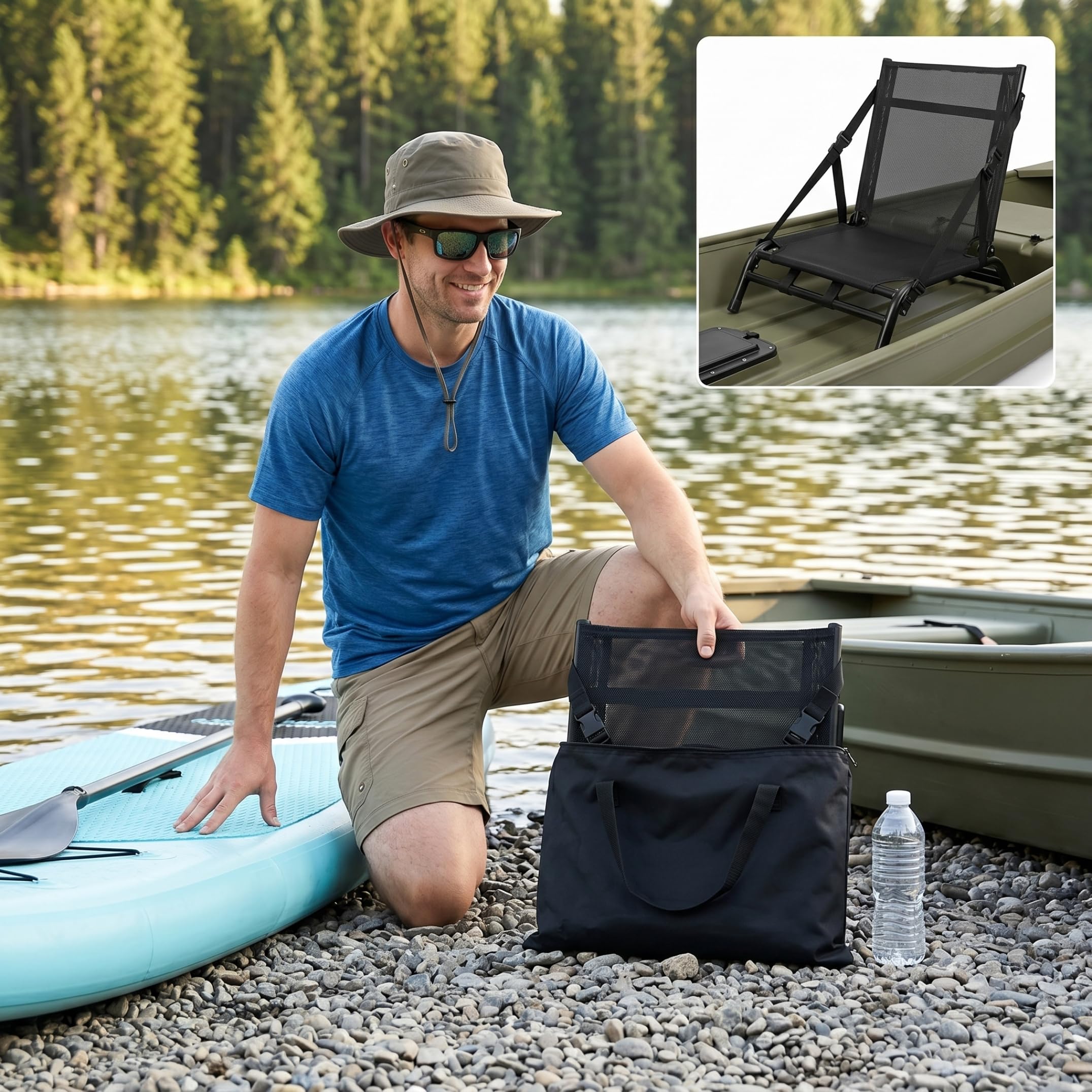 Klappbarer Kajaksitz mit Rückenstütze, tragbarer Paddle-Board-Sitz mit Aluminiumrahmen und Netz, passend für Fischerboote und Driftboote, Schwarz