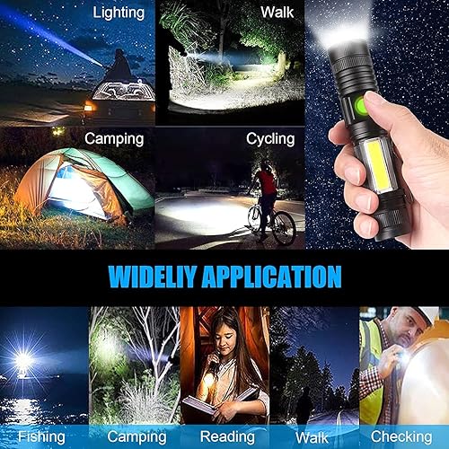 Miniatura 24 de Hoxida Linterna recargable por USB, linterna LED magnética, linterna táctica LED súper brillante con luz lateral de mazorca, impermeable, zoomable