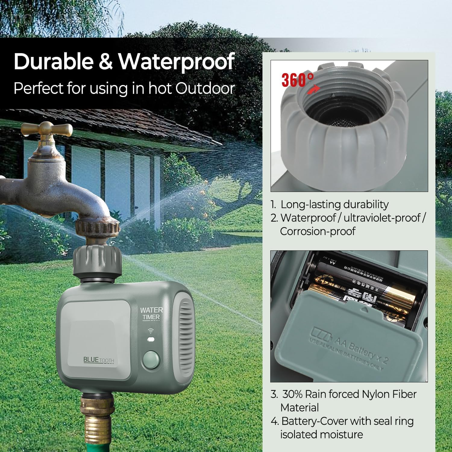 Timer d'acqua intelligente Bluetooth e WiFi, compatibile con Alexa e Google Assistant, App Tuya/Smart Life, irrigazione automatica da giardino, impermeabile IPX5, 1_Zone.