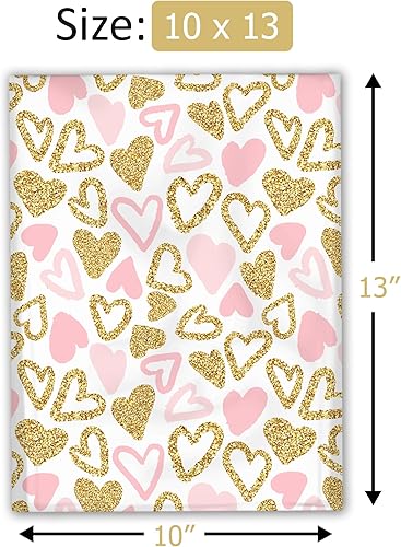 Miniatura 4 de Sobres de polietileno de diseño de corazón rosa y dorado de 10 x 13 pulgadas (100) para el día de San Valentín, impermeables, autosellantes