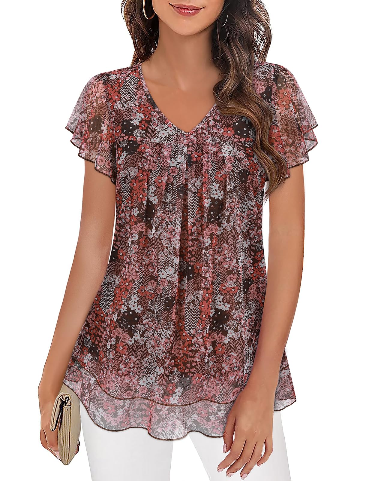 Syphiby Top da donna con scollo a V, top a maniche corte con volant, camicetta a tunica in rete