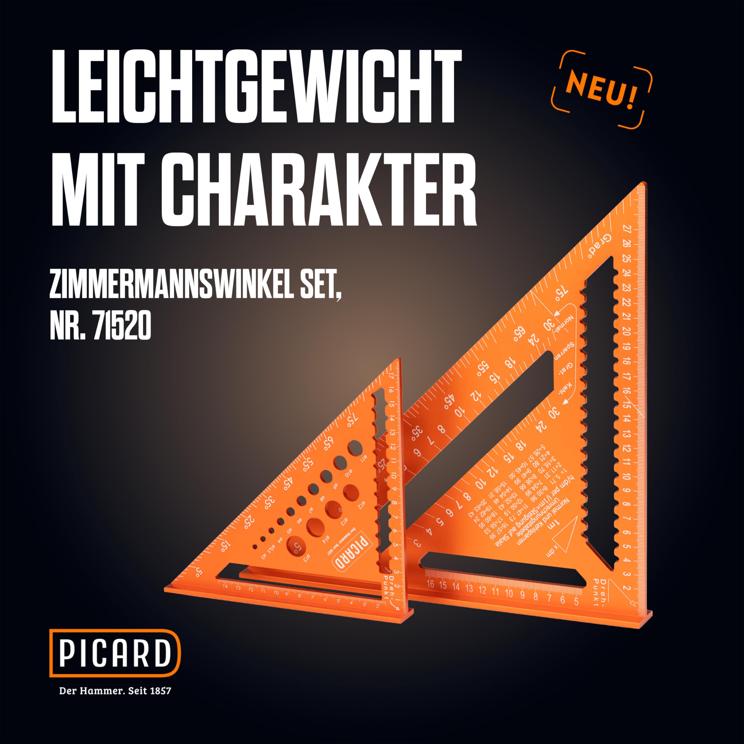 PICARD Zimmermannswinkel Set 180 mm mit Bohrlehre + 300 mm mit Sparrenlehre | Präzise Anschlagwinkel & Schreinerwinkel | Profi Zimmererwinkel für Holzbau & Dachkonstruktion | Speed Square metrisch