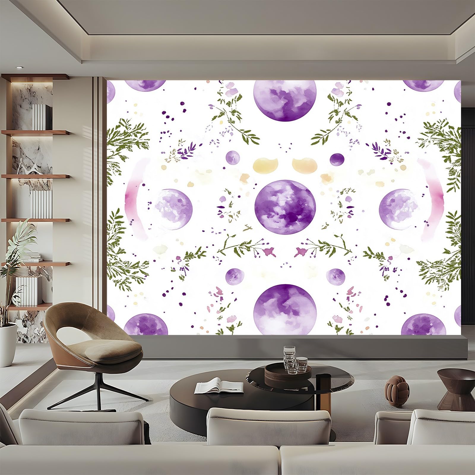 Panoramiczne tapety kwiaty akwarela księżyc fioletowy zielony 200 x 140 cm (szer. x wys.), gigantyczny plakat ścienny 3D nowoczesna tapeta dekoracja ścienna salon sypialnia sypialnia biuro tapeta