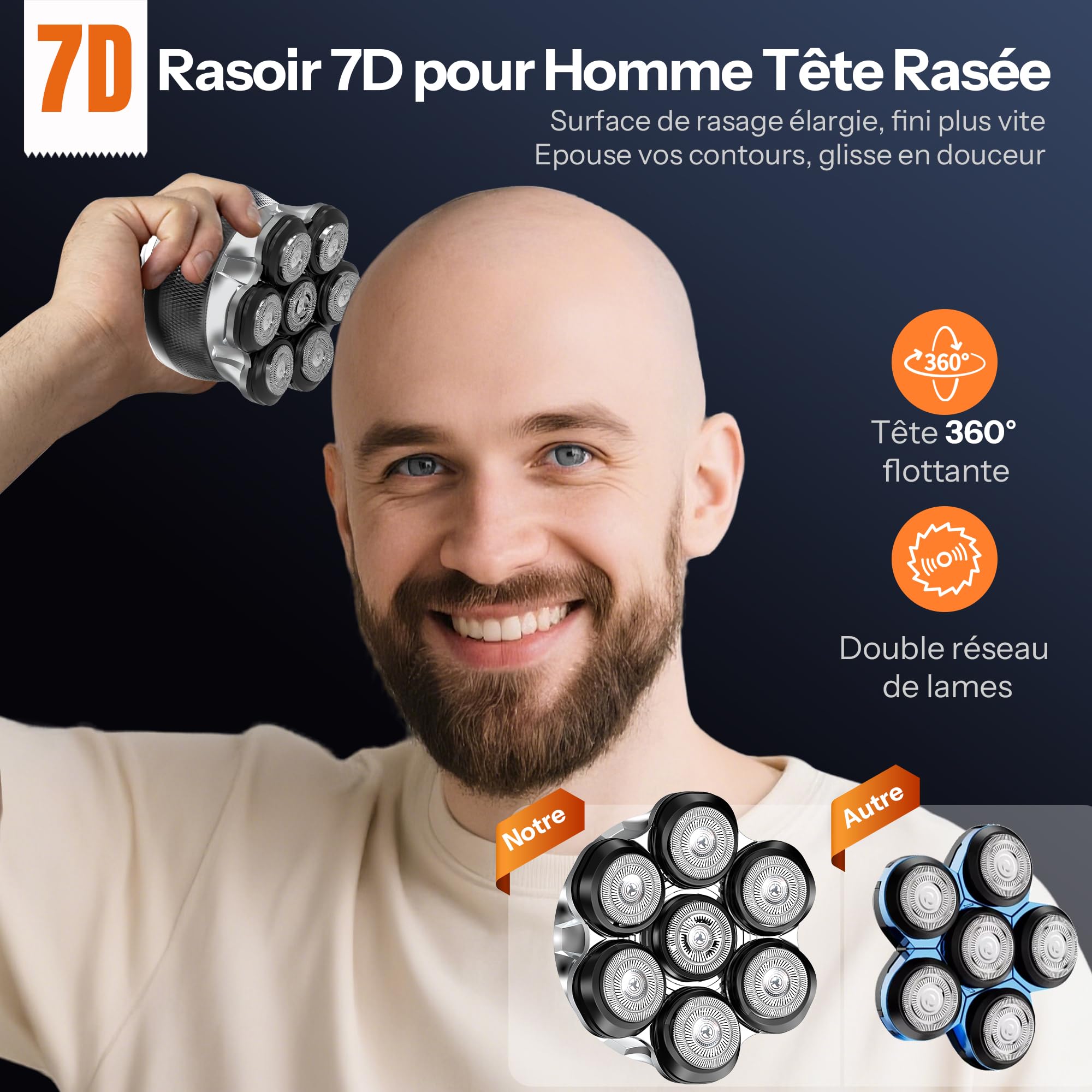 Rasoir Tete Chauve Homme, Yeerain 7D Flexible Rasoir avec 2 Vitesses Réglables, Tondeuse Crane Chauve Sec & Humide, Longue durée de vie des piles, Facile à Nettoyer, Chargement USB-C