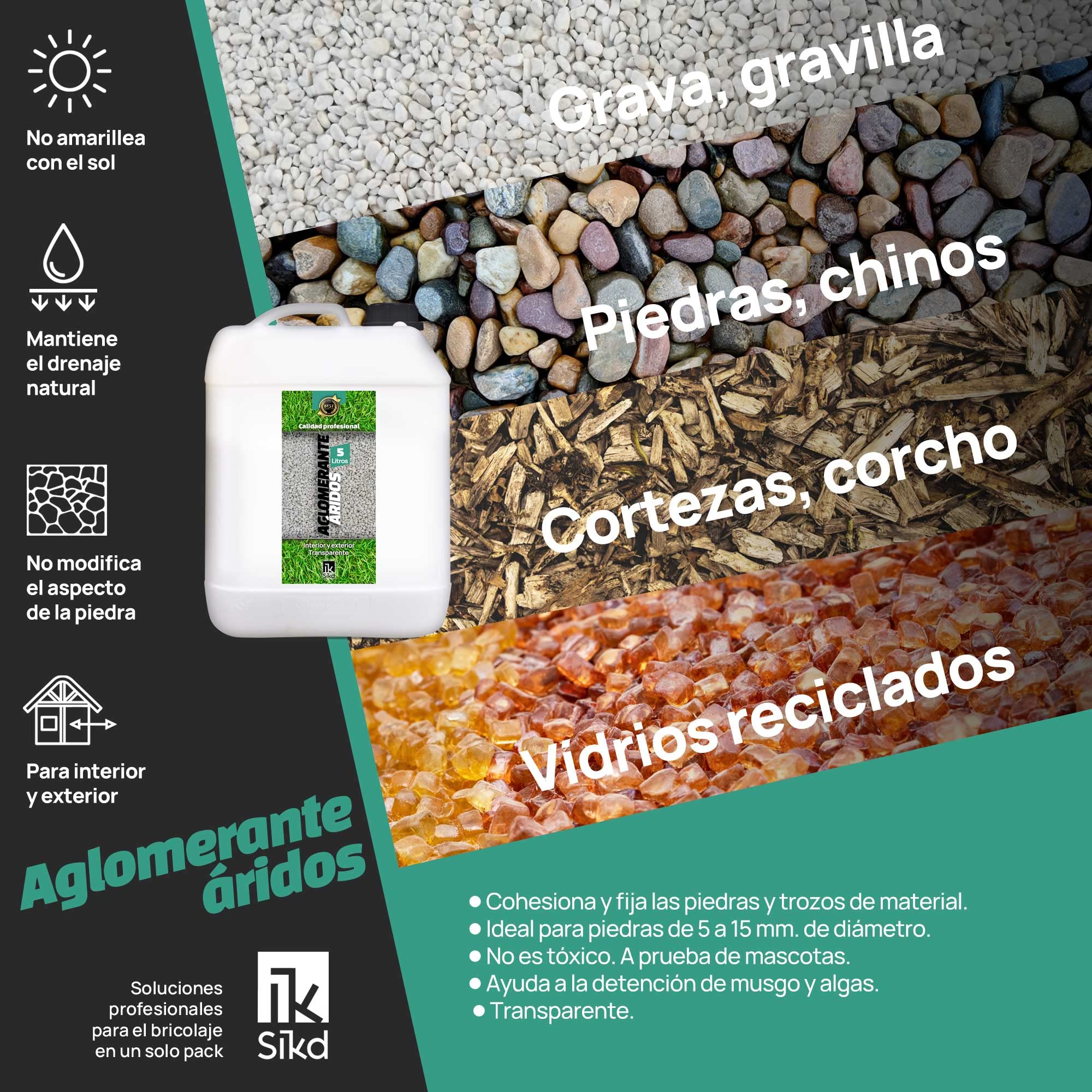 Resina fijador grava 5L decoración exterior. Estabilizador de grava efecto mojado. Pegamento para piedra, aglomerante fijación de aridos, gravilla, vídrios o cortezas en jardín