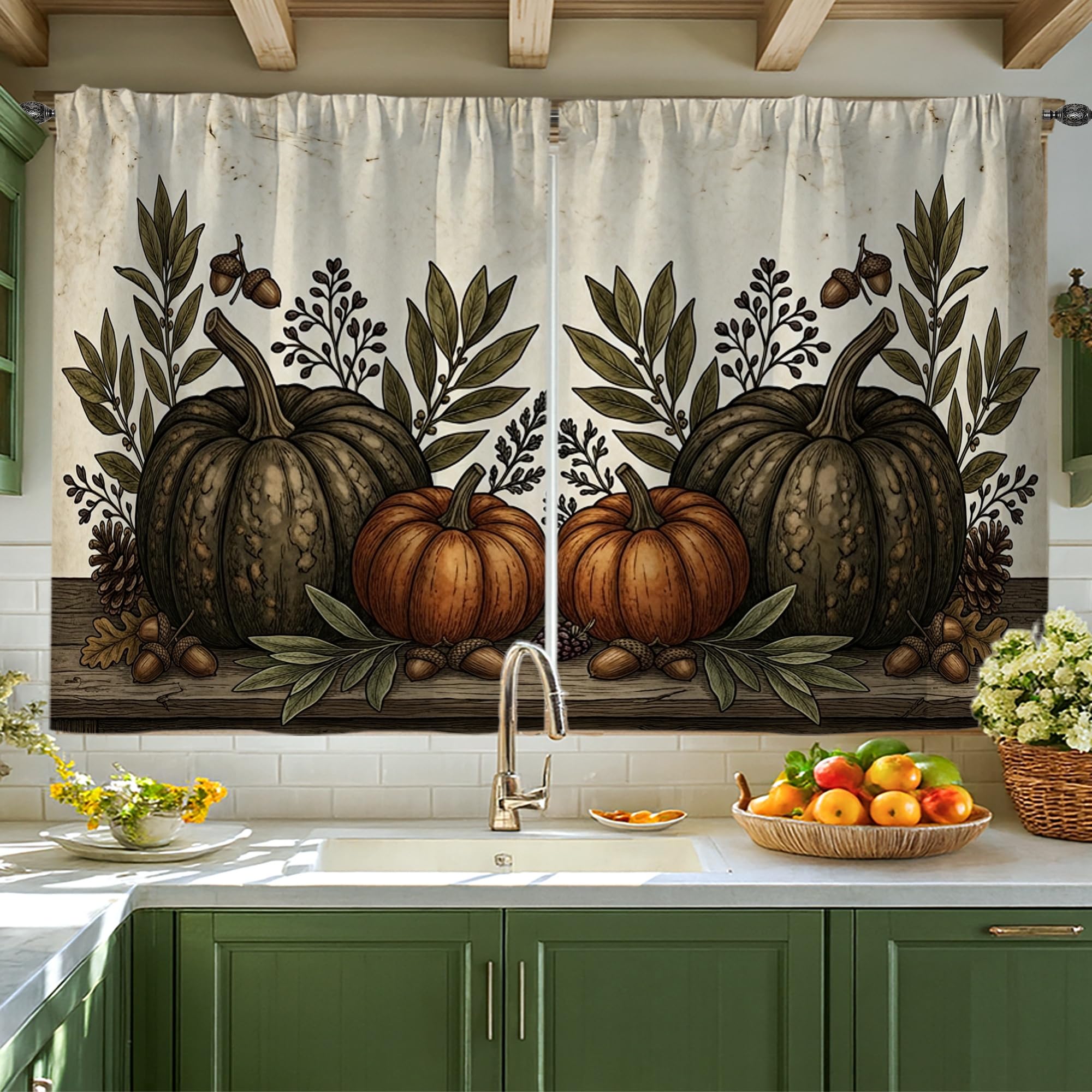 Rideaux rustiques de style pour petite fenêtre de cuisine à motif citrouilles