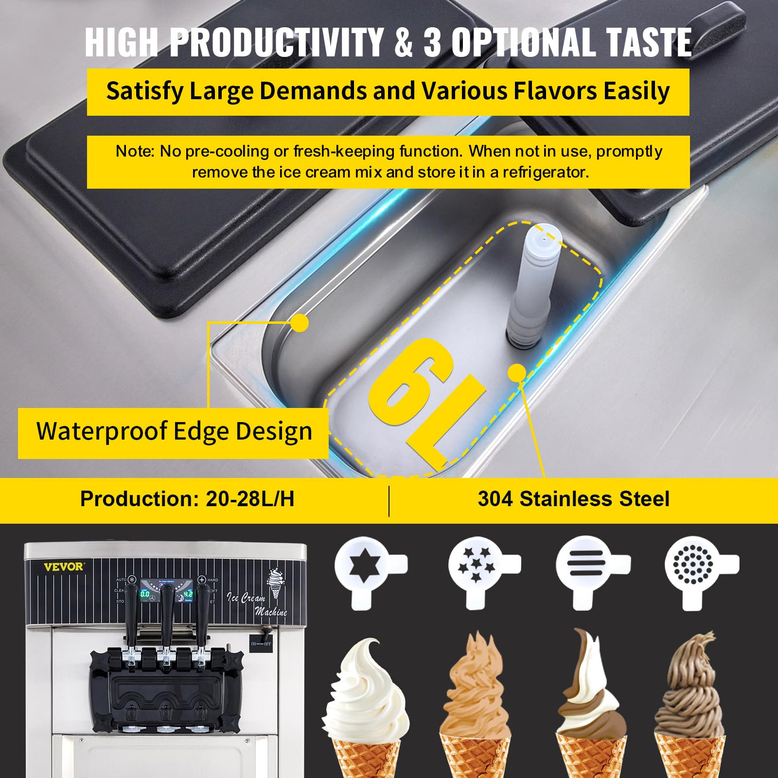 VEVOR Máquina de Helados Soft Heladera Maquina Helados Soft Comercial Maquina Helados Soft con 3 Sabores Vertical Ice Cream Maker 2200W Máquina de Helado de Servido Suave 6L x 2