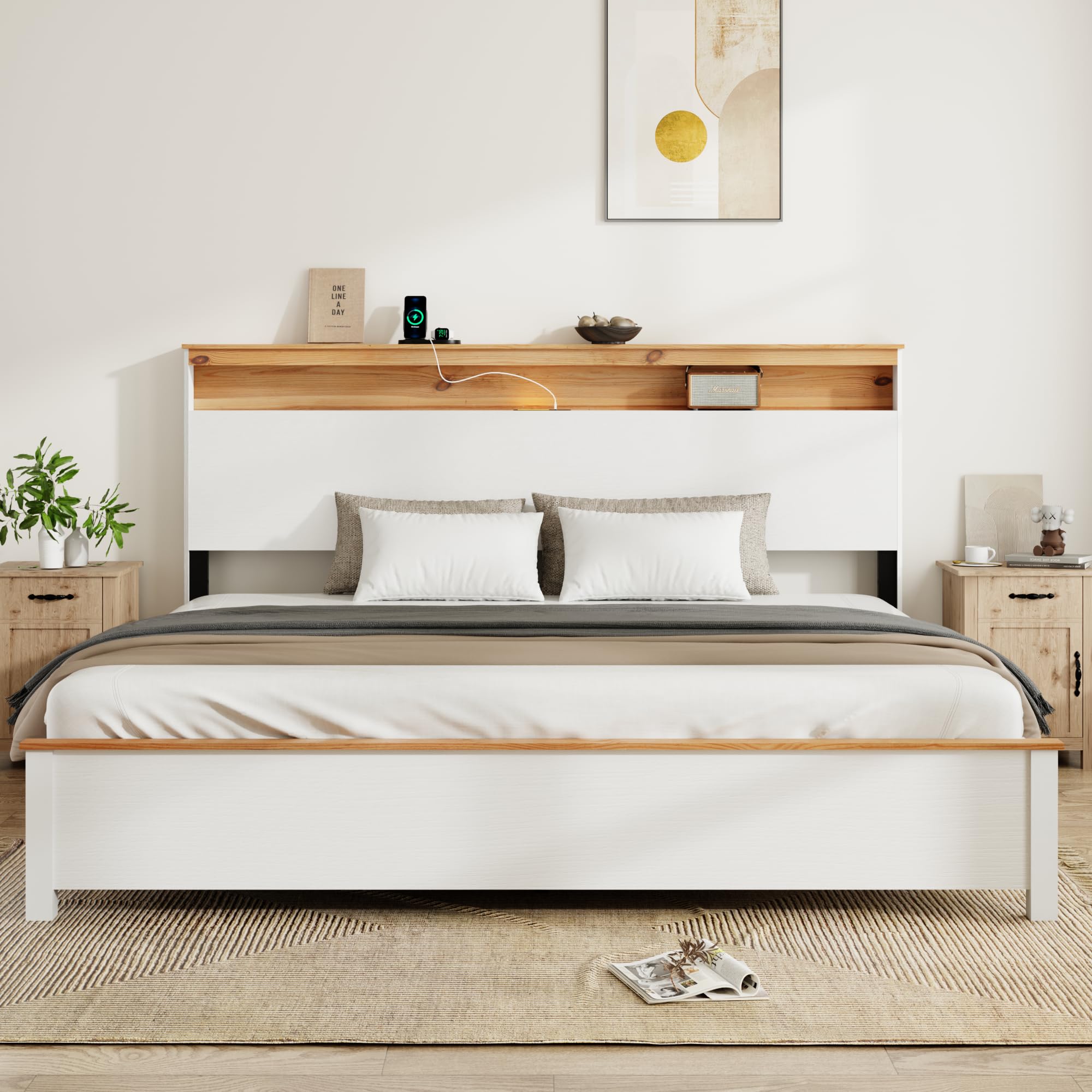 Rustic King Size Bed Frame with Storage Headboard Farmhouse Wood Platform Bed with LED light and Charging Station
