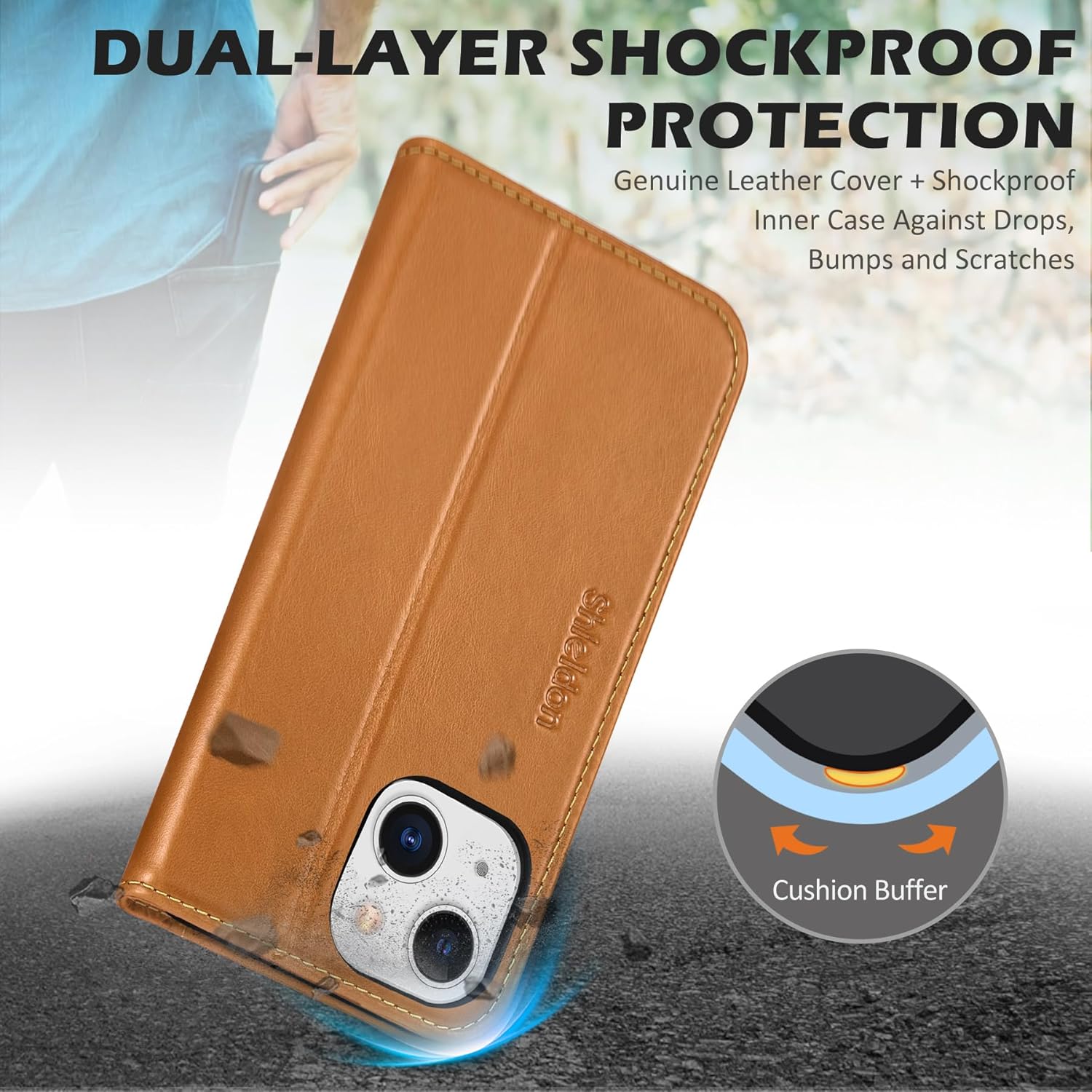 SHIELDON Case for iPhone 13 Mini 5G, Genuine Leather Wallet Folio Magnetic Closure RFID Blocking Card Slots Kickstand Full Protection Case Compatible with iPhone 13 Mini (5.4", 2021) - Brown