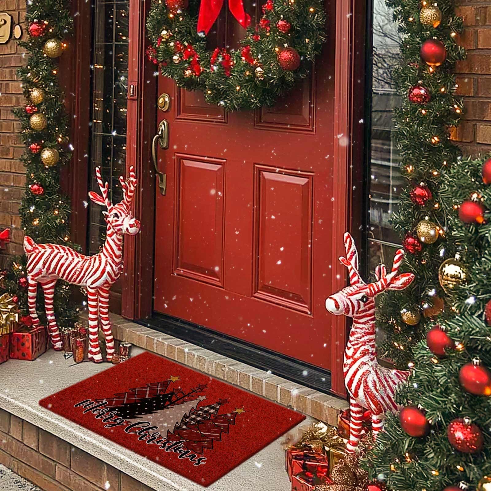 Lanpn 42x75cm Zerbino cocco Natale, Foresta Albero di Natale Antiscivolo Gomma Naturale Tappeto Porta Ingresso Esterno Esterni Tappeto Antiscivolo Zerbino Ingresso per decorazioni natalizie (Rosso)