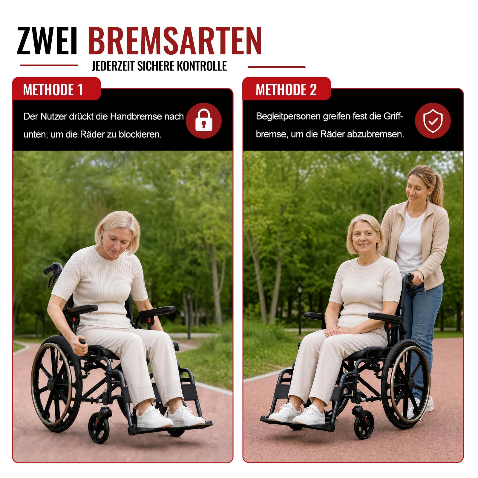 M4 Rollstühle mit Selbstantrieb, Rollstuhl Faltbar Leicht mit Doppeltem Sitzpolster, Schockabsorbierenden Vorderrädern, Leichtes Aluminiumgestell, Für Erwachsene