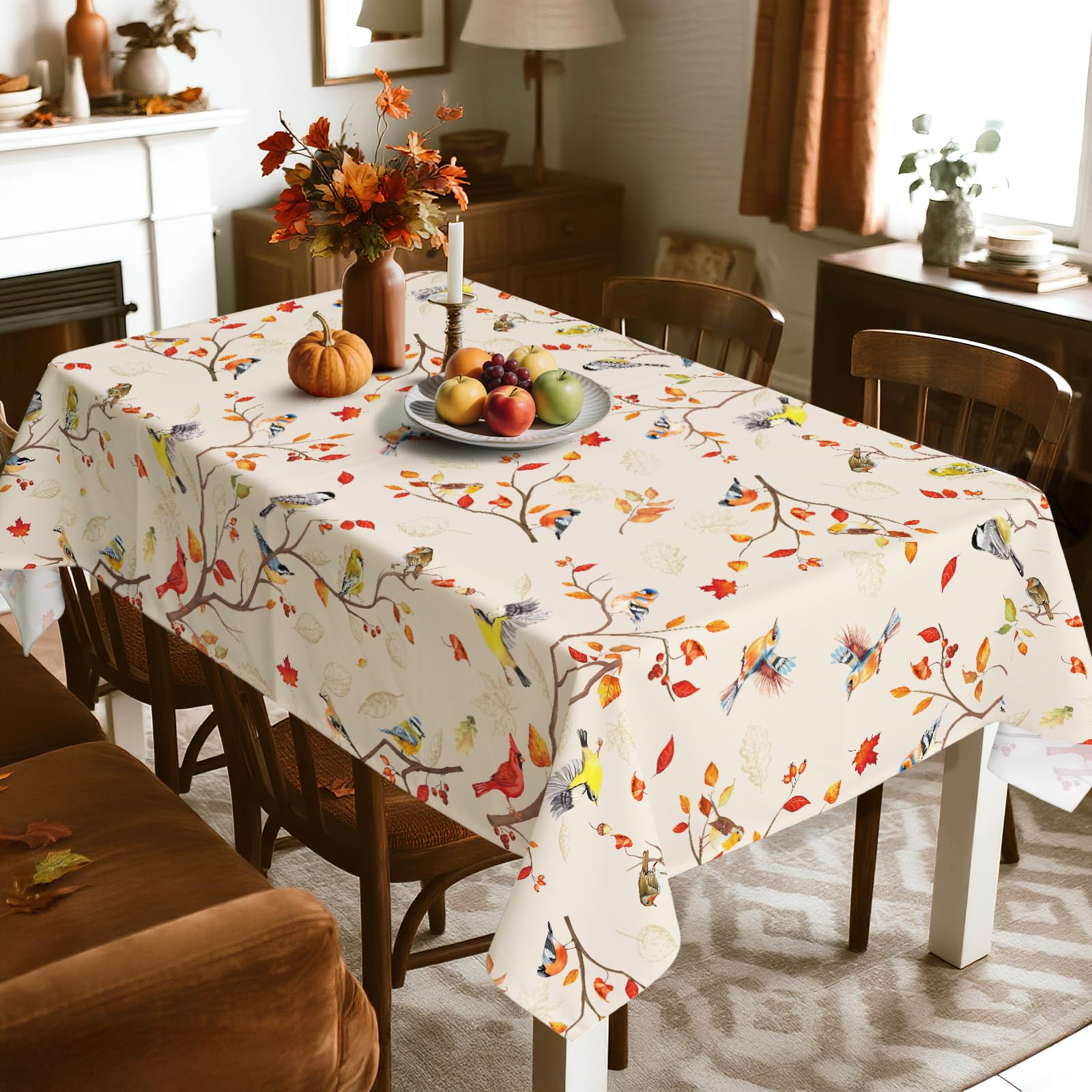 Arquiel Fall Bird Branch Tablecloth Waterproof, Maple Leaf Table Cloth Rectangle Stain Resistant - Image 2