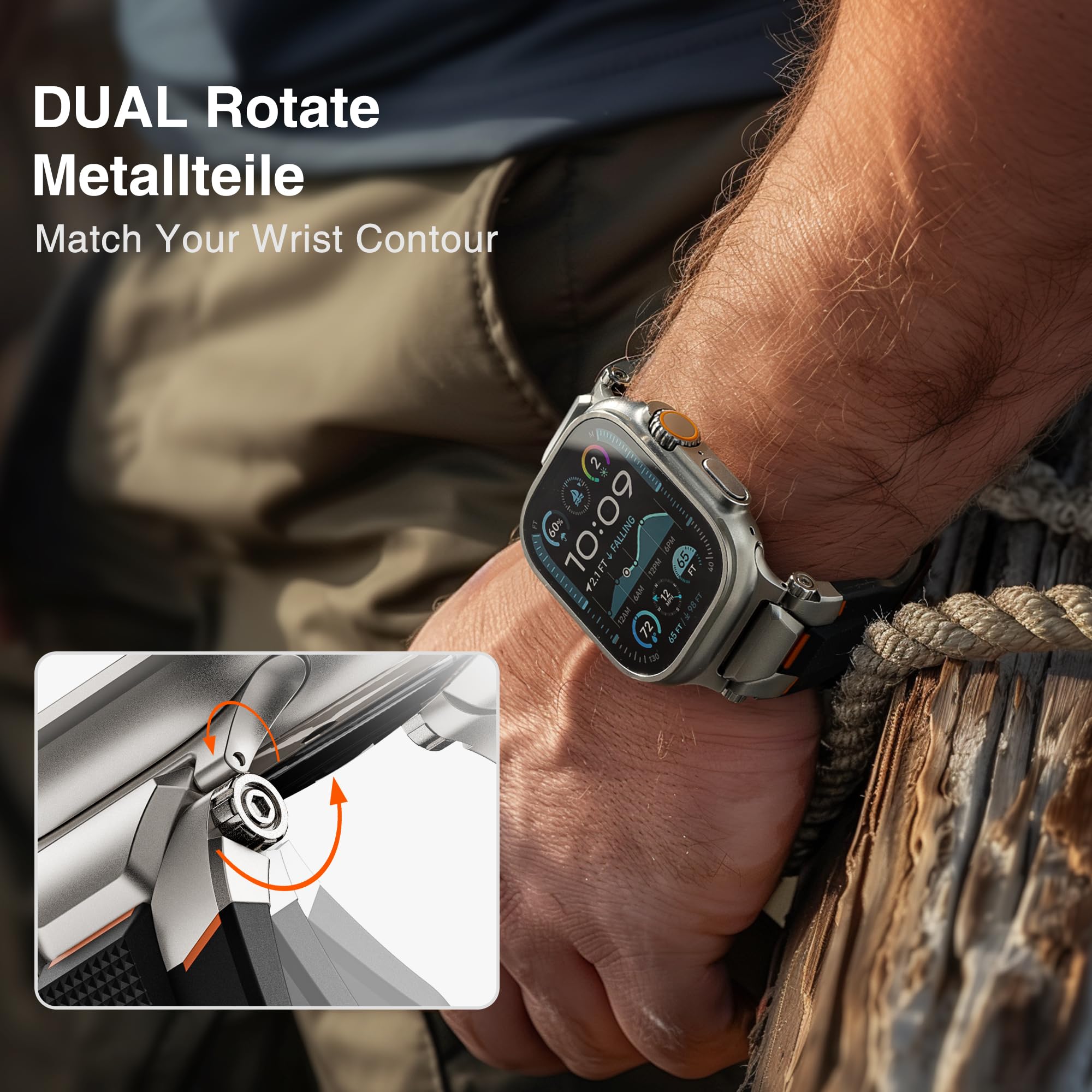 ULTIMAL Armband kompatibel mit Apple Watch Ultra 3/2/1 (49mm), Series 11/10/9/8/7/6/5/4 SE (46mm/45mm/44mm), Taktisches Herren-Armband, Robustes TPU Sportarmband, Wasserdicht, 155-225m Schwarz+Silber