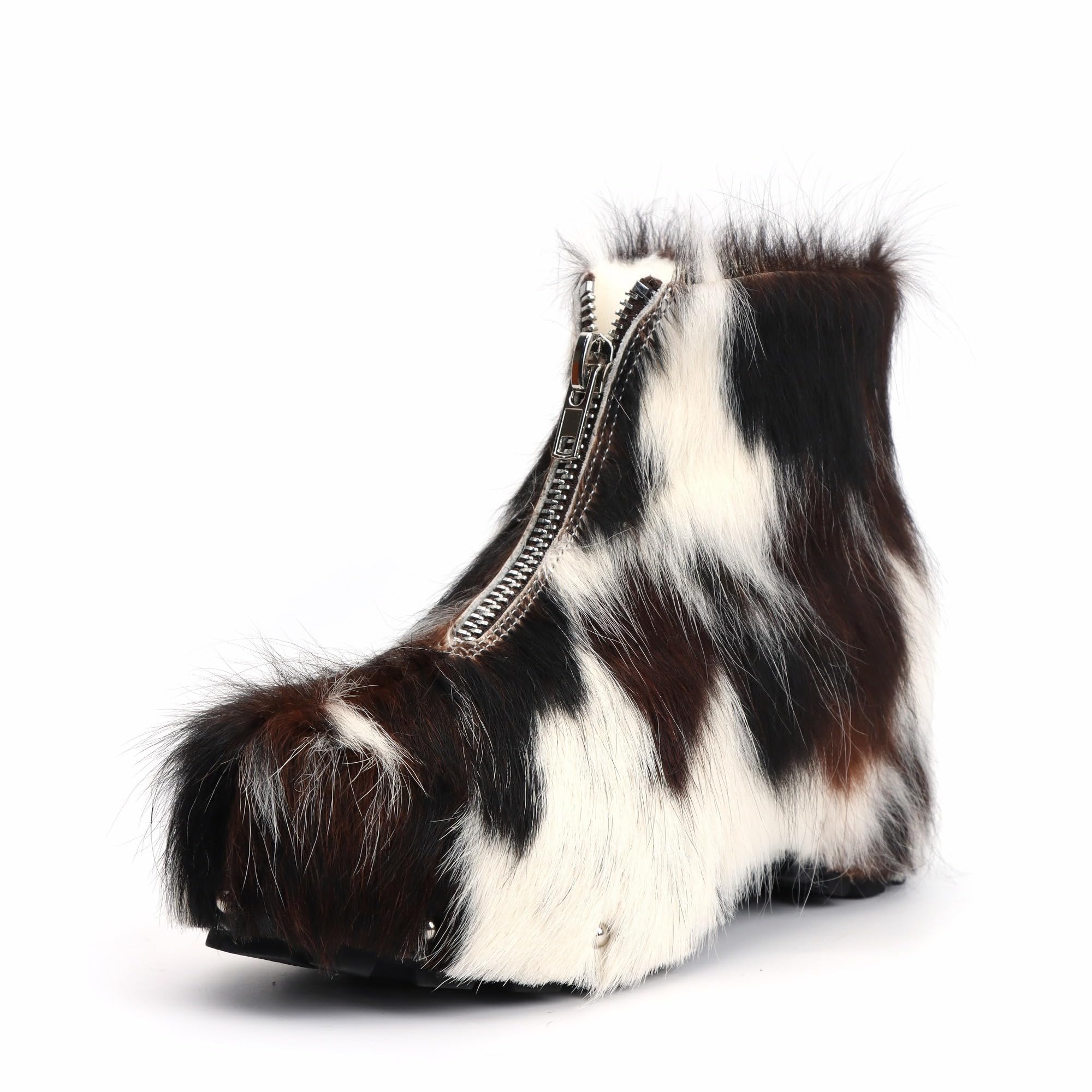 XOBZJH Womens Cowhide Hair-On Ankle Snow Boots Wool-Lined Winter Fur Boots with Front Zipper Anti-Slip Sole Warm Cozy