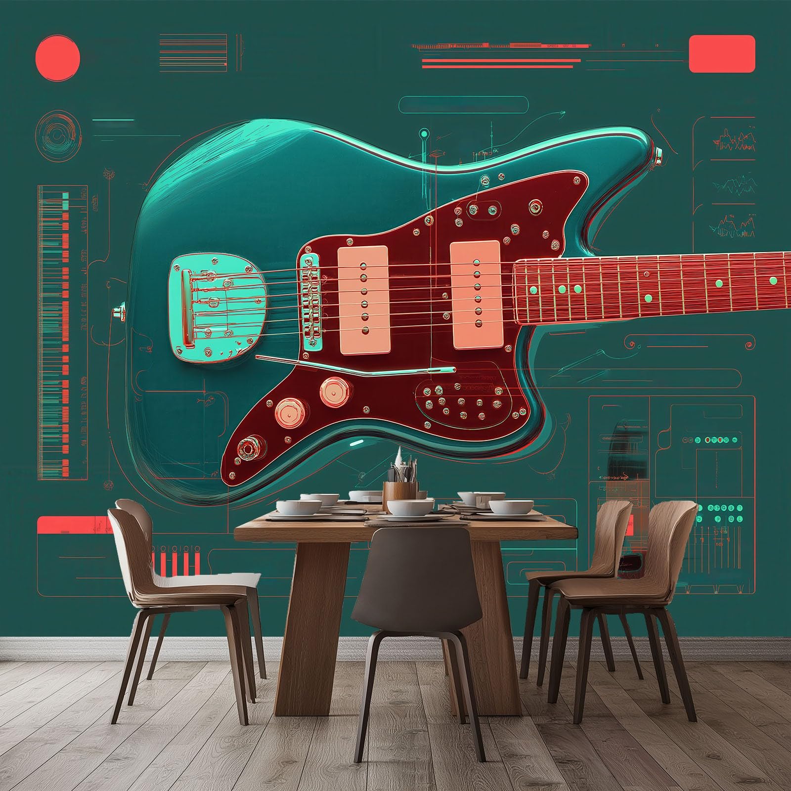Papel Pintado Panorámico 3D Música Guitarra Geométrico Rayas, Mural de Pared Estilo Retro para Salón Dormitorio Habitación Infantil Sala de Juegos - Decoración Mural Fotográfica 350An x 256Al cm