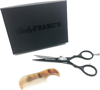 Lucky Franc's Stainless Mens Grooming Kit with Japanese Best Mustache Scissors & Ox Horn Handmade Mini Beard Comb for Men - Moustache Grooming Kit with Mustache Hair Cutting Scissors and Comb for Men
