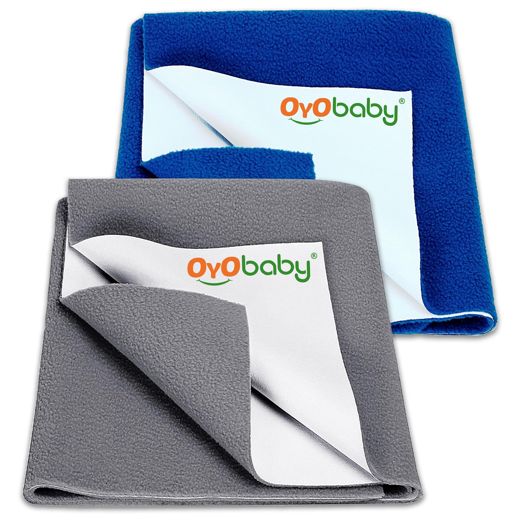 OYO BABY Waterproof Dry Sheets for Babies Small 70×50 cm | Pack of 2 Quick-Dry, Breathable Mattress Protectors | Soft, Extra Absorbent & Reusable for Newborn to 6 Months - Grey + Royal Blue