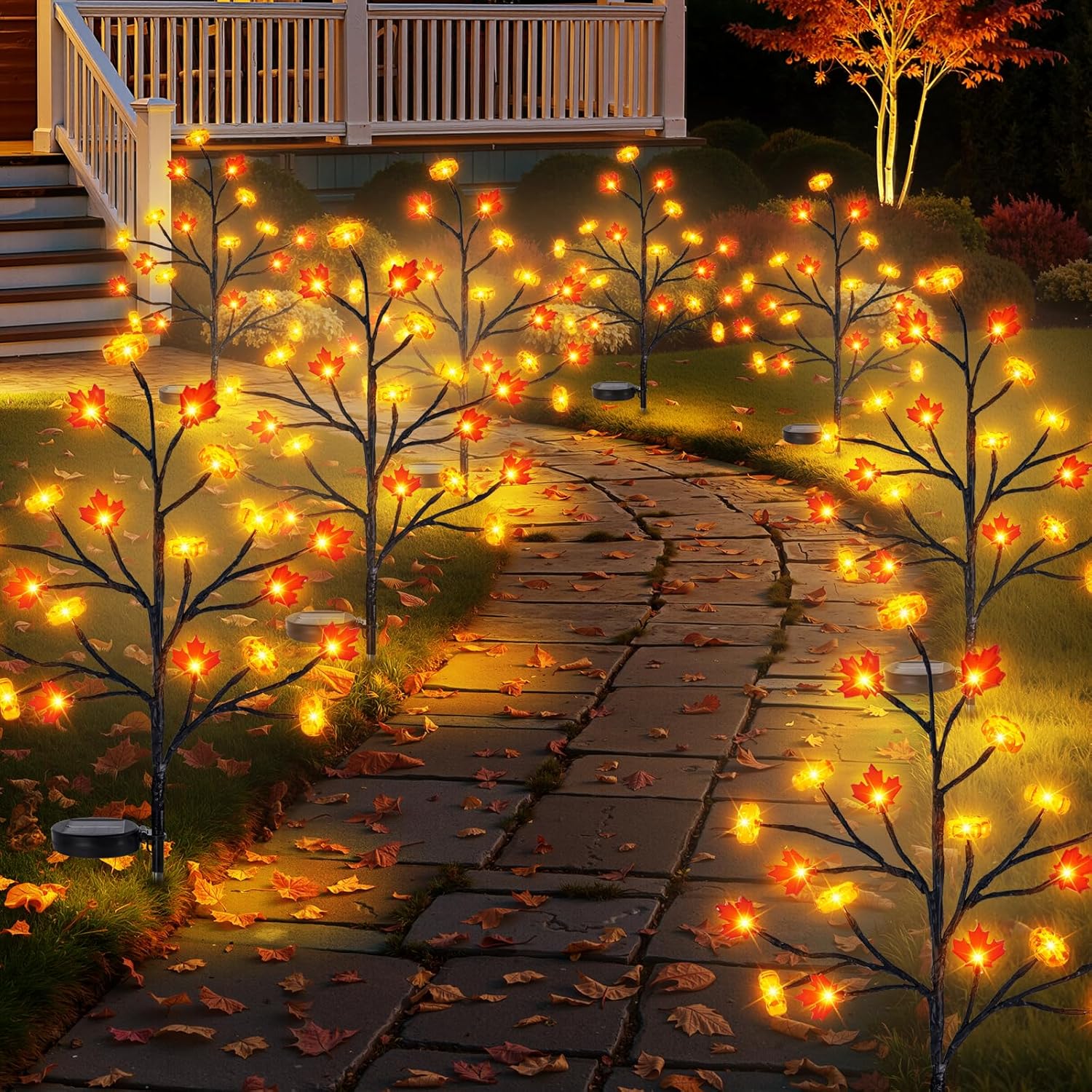 8 Pack Fall Solar Lights Outdoor, 160 LED Maple Pumpkin Stake Lights with 8 Mode, Waterproof Solar Pathway Lights for Garden Patio Yard Fall Outdoor Decor