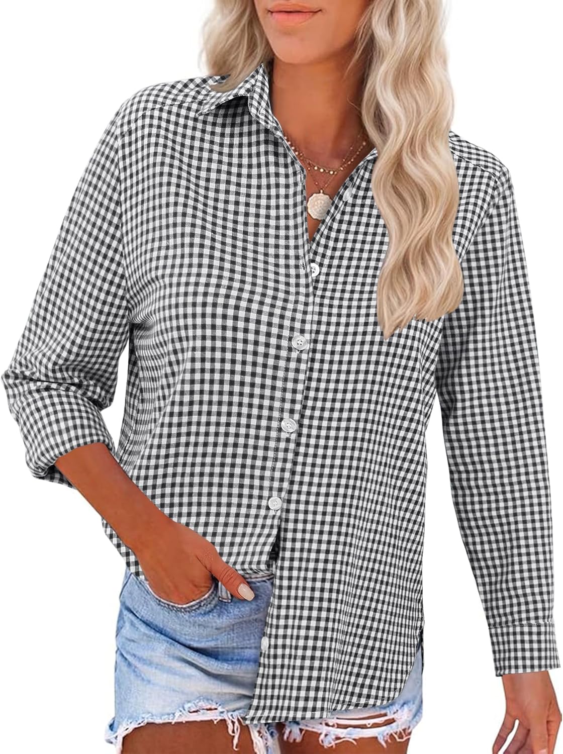 LOMON Womens Long Sleeve Button Down Shirts Casual Loose Fit Cotton Collared Blouses - Image 2