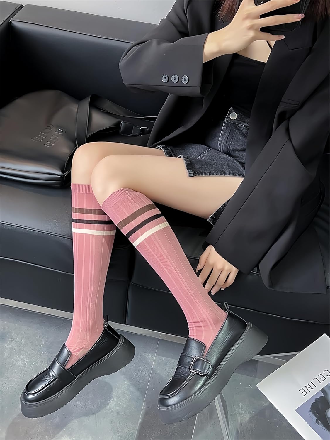 3 Pairs Retro Style Striped Knee High Socks for Women Academic Cotton Stockings for Casual Wear and Sports - Image 3