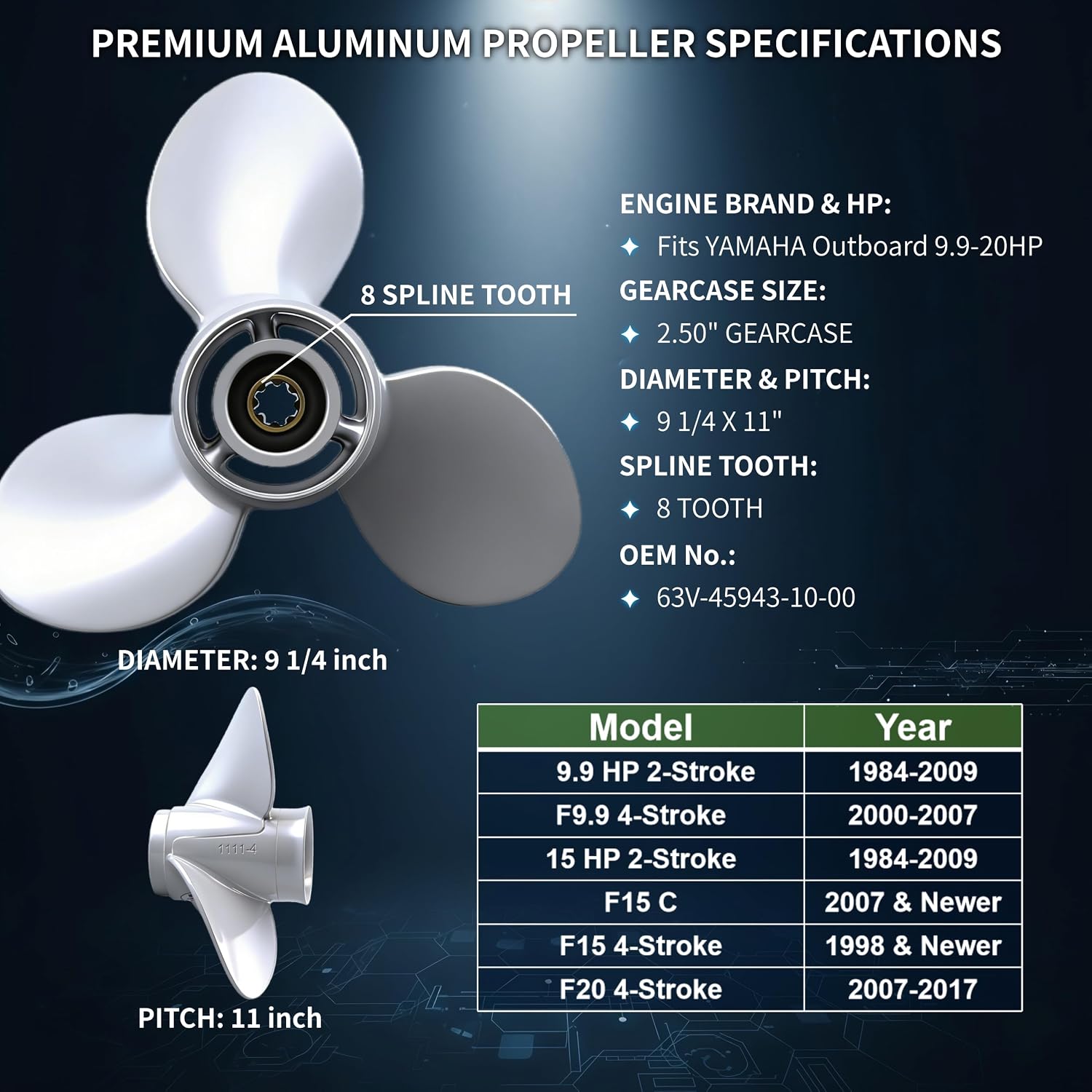 TOLOT Aluminum Outboard Propeller 9 1/4" Dia for Yamaha 9.9HP 15HP F15 F20 Engines, 8 Spline Tooth, 3 Blade RH Rotation Boat Motor Prop, J-Series Replacement (9-1/4x11)
