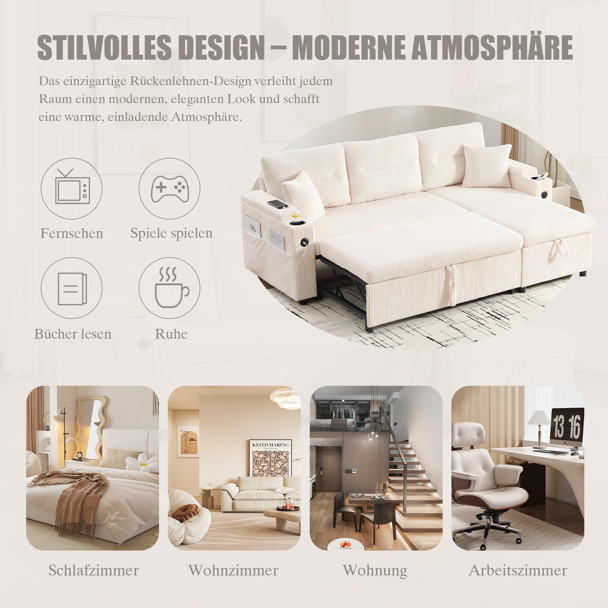 Sofá de 3 plazas con función de cama, chaise longue, espacio de almacenamiento, USB-C, sofá de pana, hidráulico, cama con cajón, soporte para bebidas