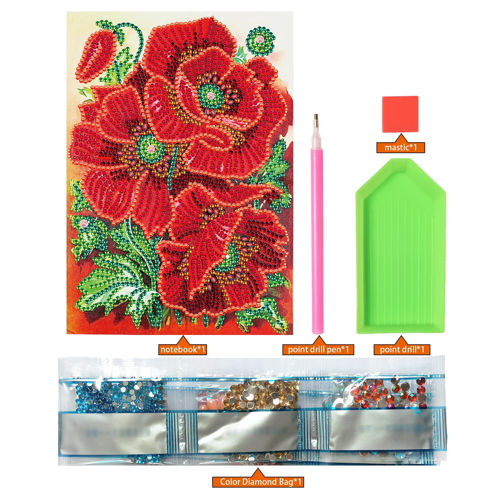 DIY 5D Diamond Painting Notebook A5 Blank Diamond Art Notebooks Kids Rhinestone Embroidery Secret Diary Girl Poppy Flowers Sketchbook for Student Office School Supplies Writing A5 Notebook Journal - Image 3
