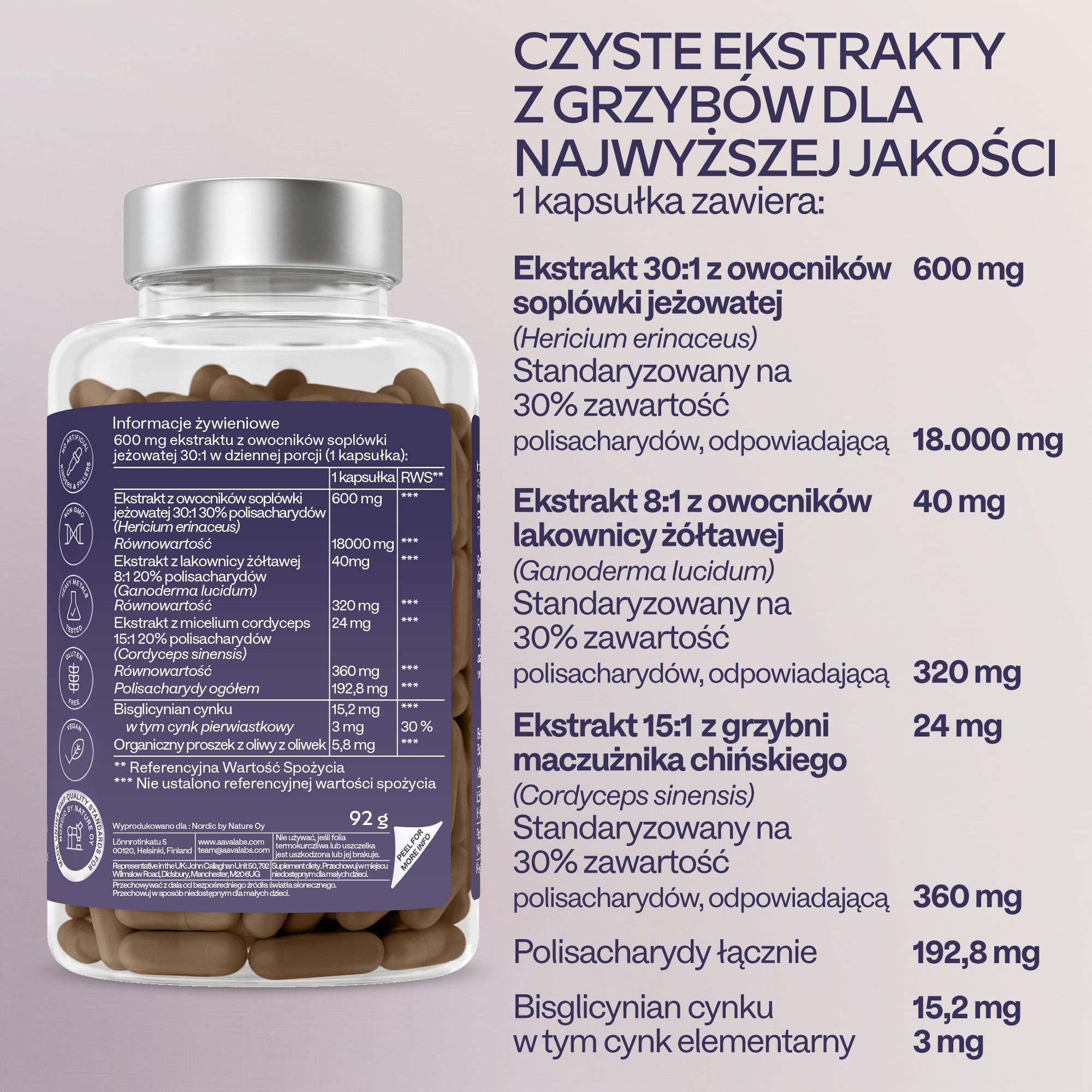 Lions Mane Mushroom Complex, 18000 mg Hericium Erinaceus wysoka dawka - Nootropic 30:1 ekstrakt z grzybów lwa - kapsułki Lwy mane z Reishi, Cordyceps i cynkiem - 120 lionów kapsułek