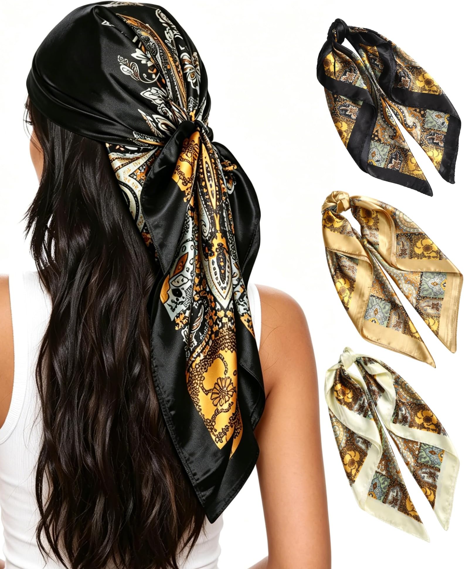 35” Large Square Satin Head Scarf - 3Pcs Satin Hair Scarves Silk Bandana Scarf Headscarf Silk Feeling Scarf for Women