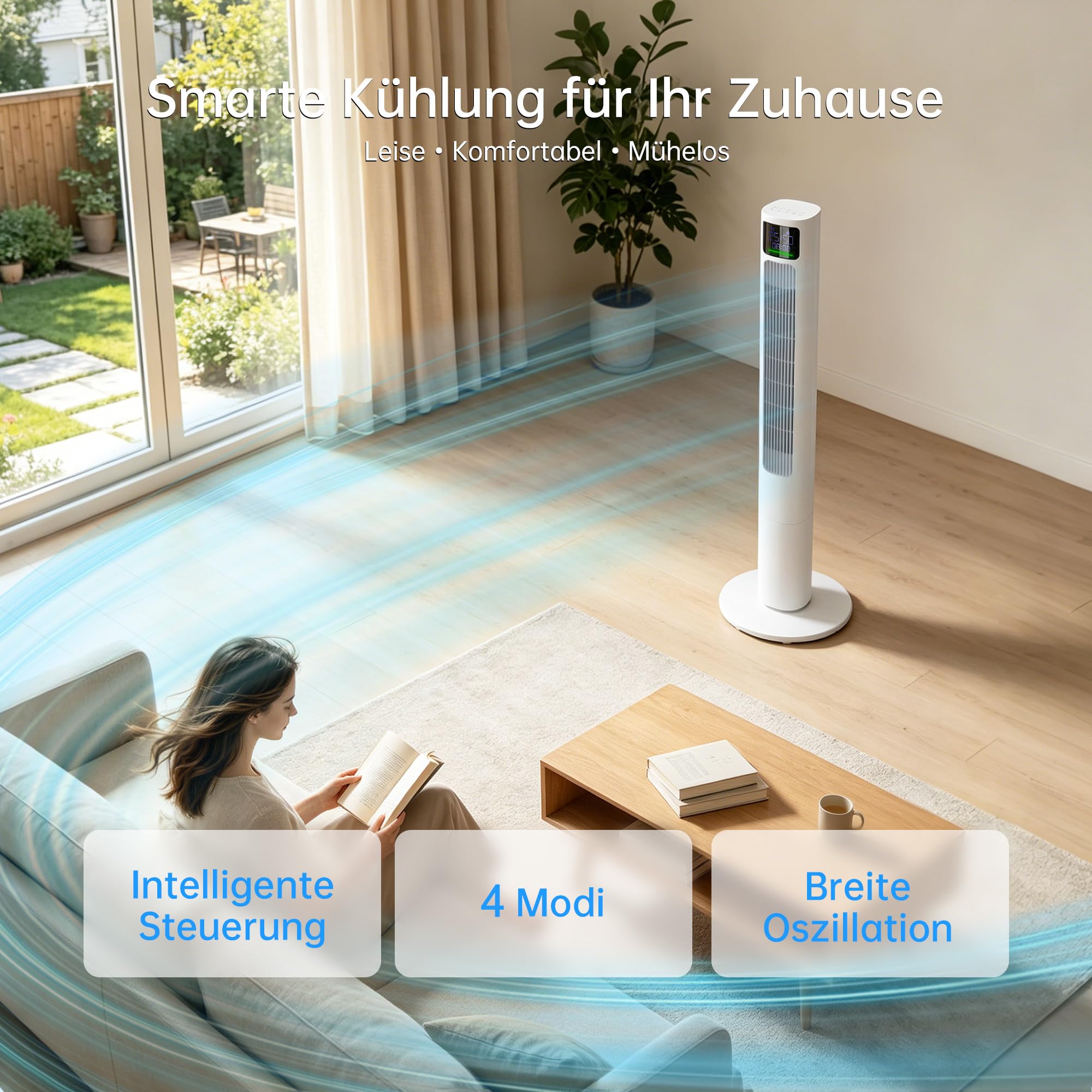 HEALLUX Turmventilator 115 cm, leiser Ventilator mit Fernbedienung, 10 m Wurfweite, 4 Geschwindigkeiten & 4 Modi, 90° oszillierend, 12h Timer, energiesparend, Tower Fan für Schlafzimmer, Weiß