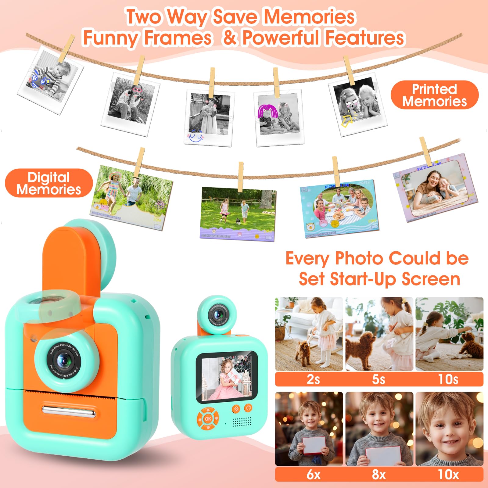Macchina Fotografica Bambini Istantanea, ZUEOKAI 2,4" Fotocamera Istantanea Bambini con 180° Flip Obiettivo e 3 Stampa Carta, Fotocamera bambini con 32GB, Regalo Bambina Bambino 3 4 5 6 7 8 9 10 anni