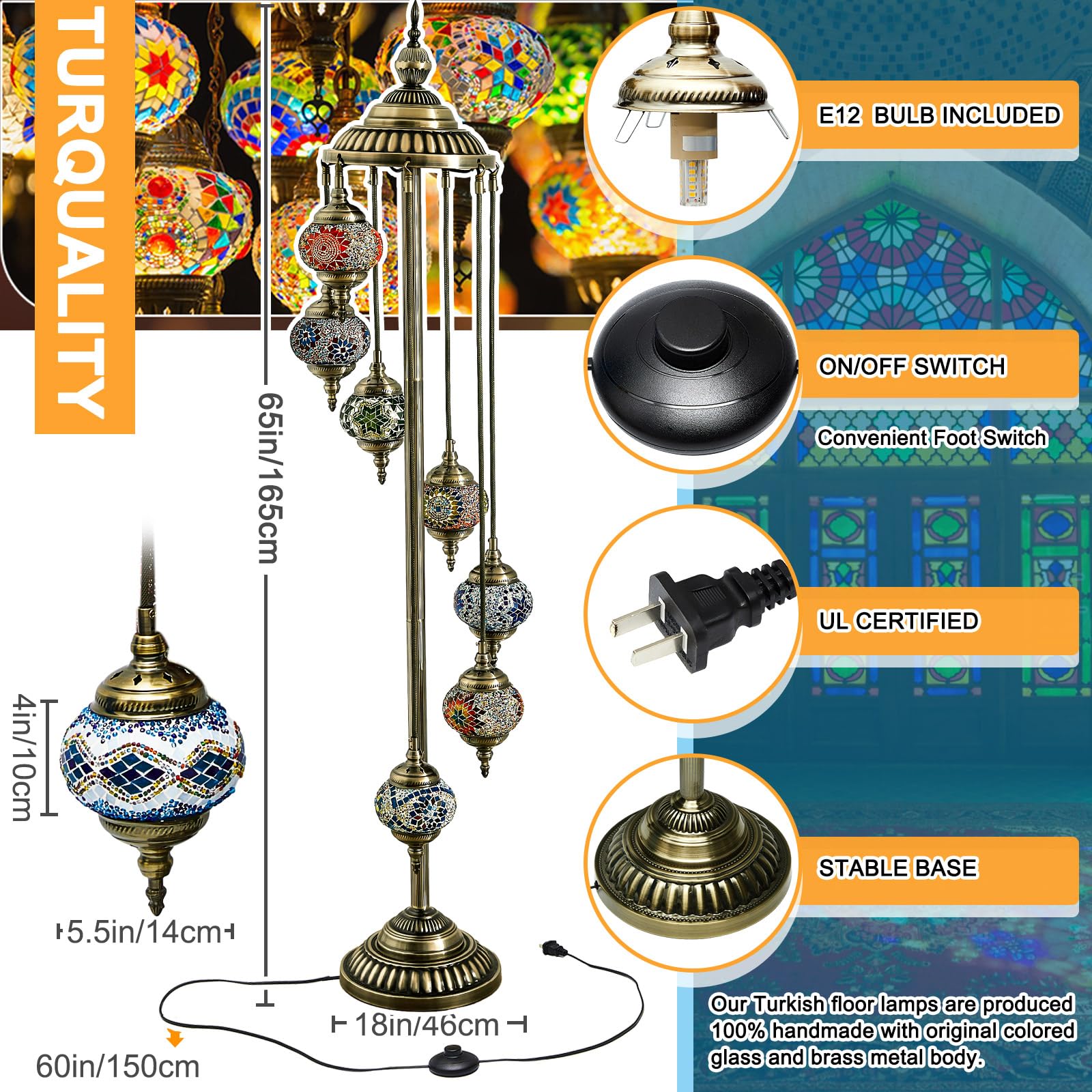 Hortsun Turkish Lamp Moroccan Floor Lamp Handmade Globe Living Floor Lighting Bo — product photo
