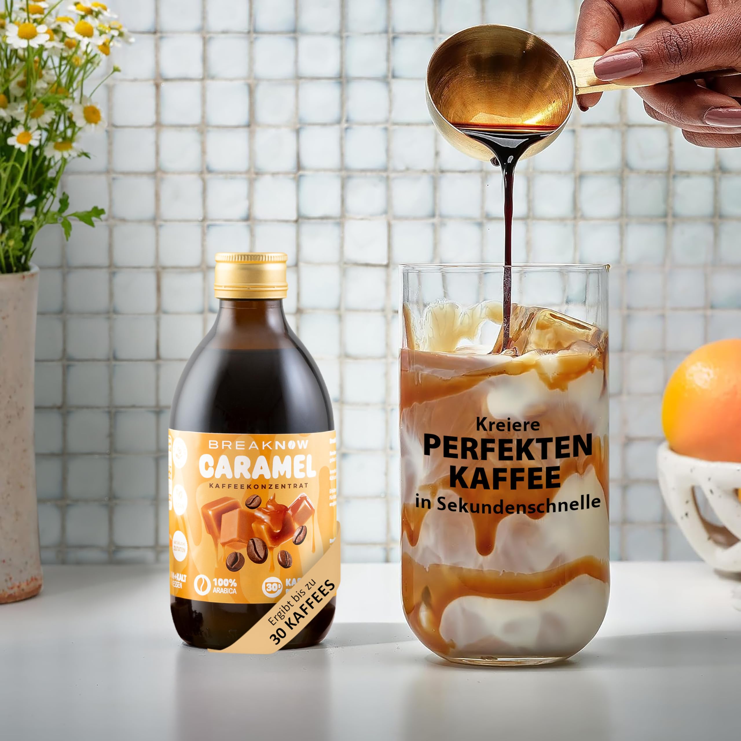 BreakNow Caramel Macchiato - Concentré de Café Glacé avec Arôme de Caramel - Sirop pour Cappuccino, Frappé - Prêt en 10 Secondes - 1 Bouteille = 30