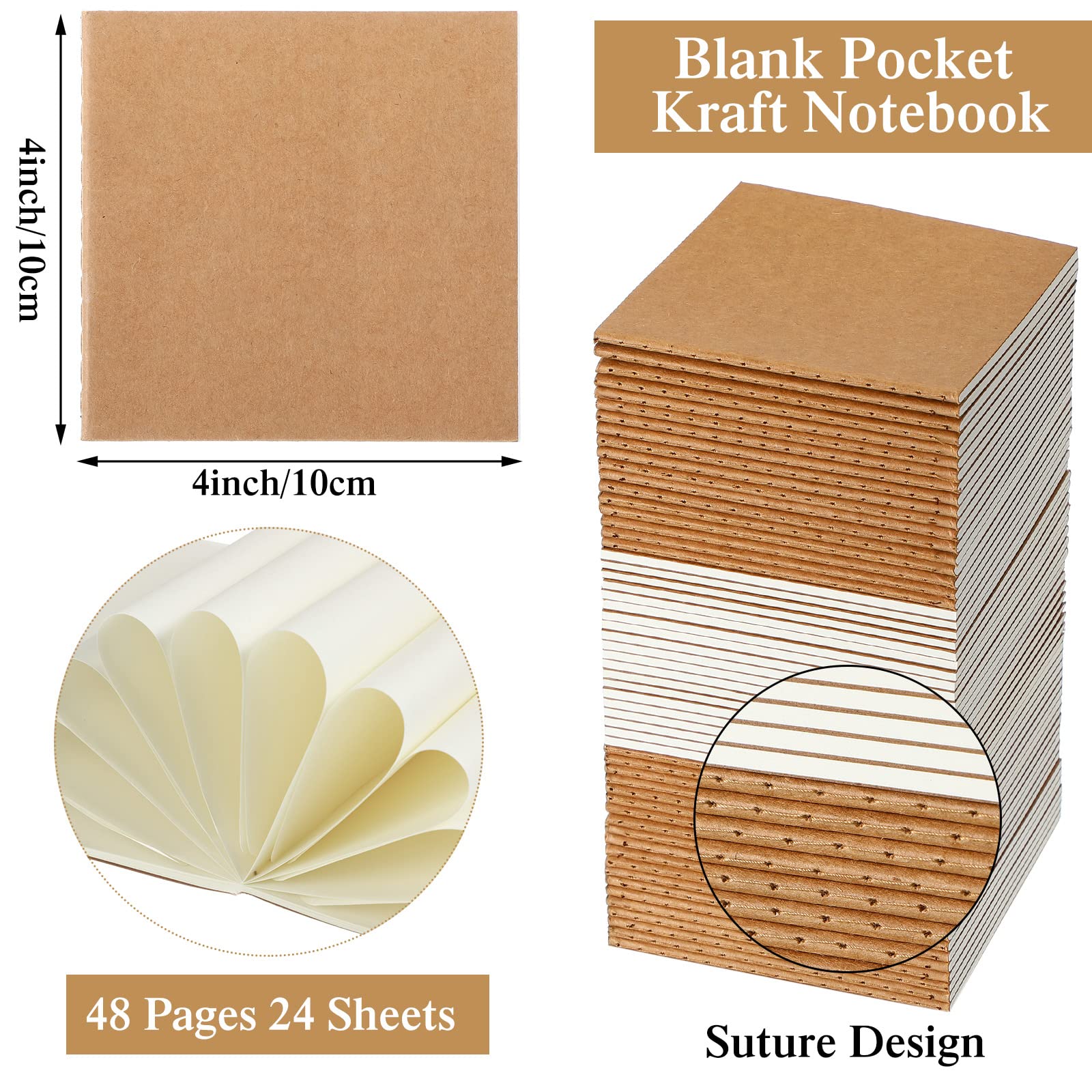 Set di 100 mini quaderni vuoti, piccoli quaderni in carta kraft, non foderati, diari tascabili, per bambini, schizzi, forniture per ufficio, 10,2 x 10,2 cm, piccoli quaderni da disegno con 24 fogli