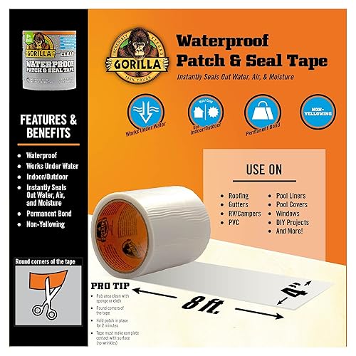 Miniatura 5 de Gorilla Cinta de parche y sellado impermeable, cinta transparente, 4 pulgadas x 8 pies (paquete de 2) - sello permanente resistente a la intemperie