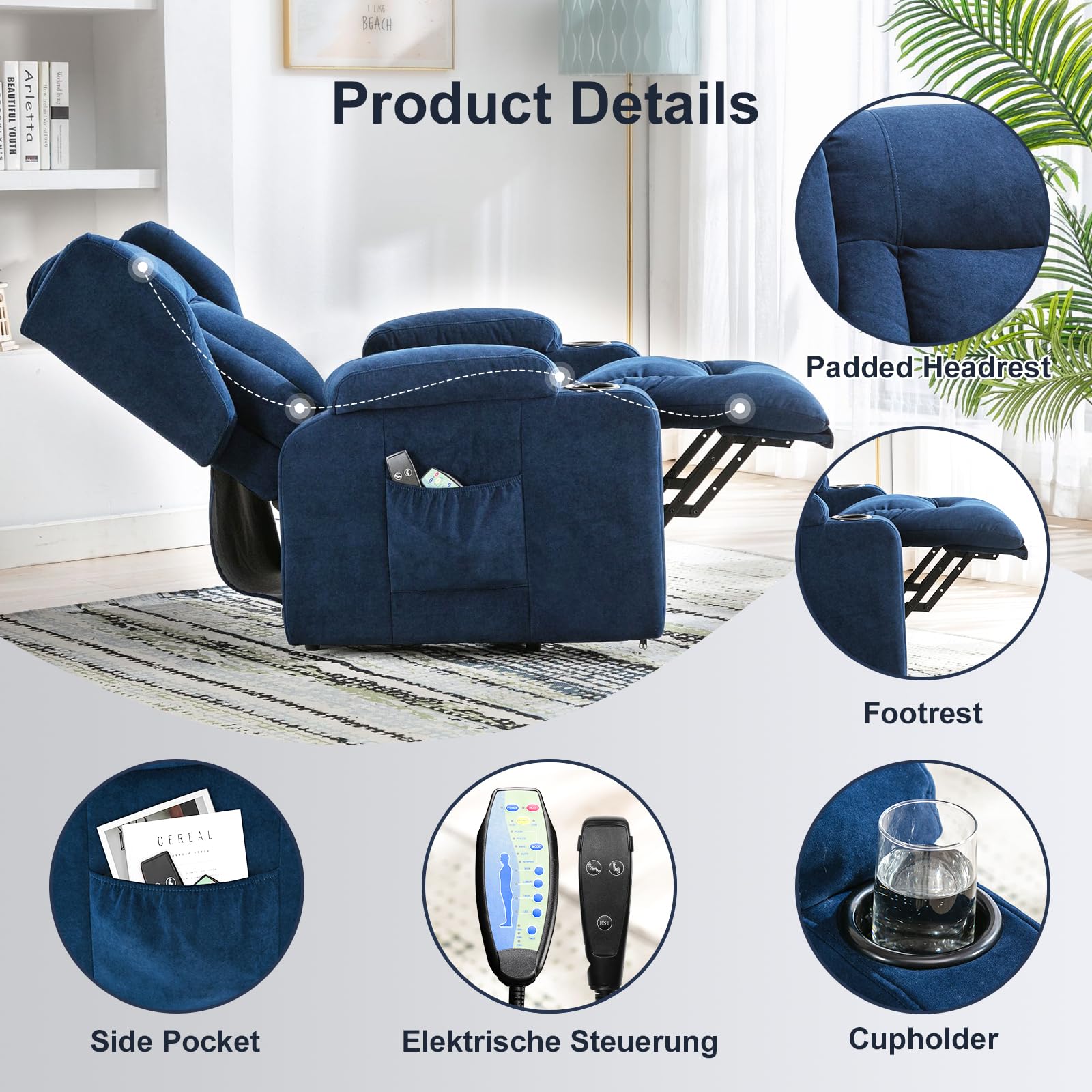 COMHOMA Sillón Relax Masaje Reclinable Electrico de Tela con 8 Puntos de Masaje Vibrante Función, Lumbar Poltrona Reclinável Levantapersonas Azul