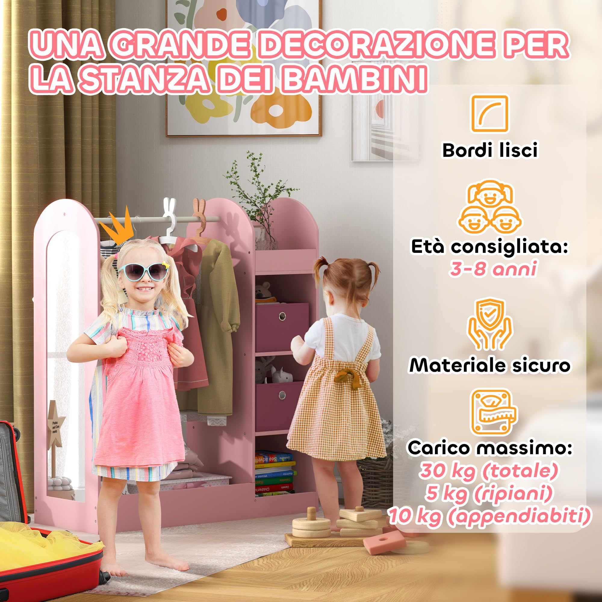 AIYAPLAY Appendiabiti per Bambini con Ripiani, Scatole e Specchio, Mobile per Cameretta e Ingresso in Legno, Rosa