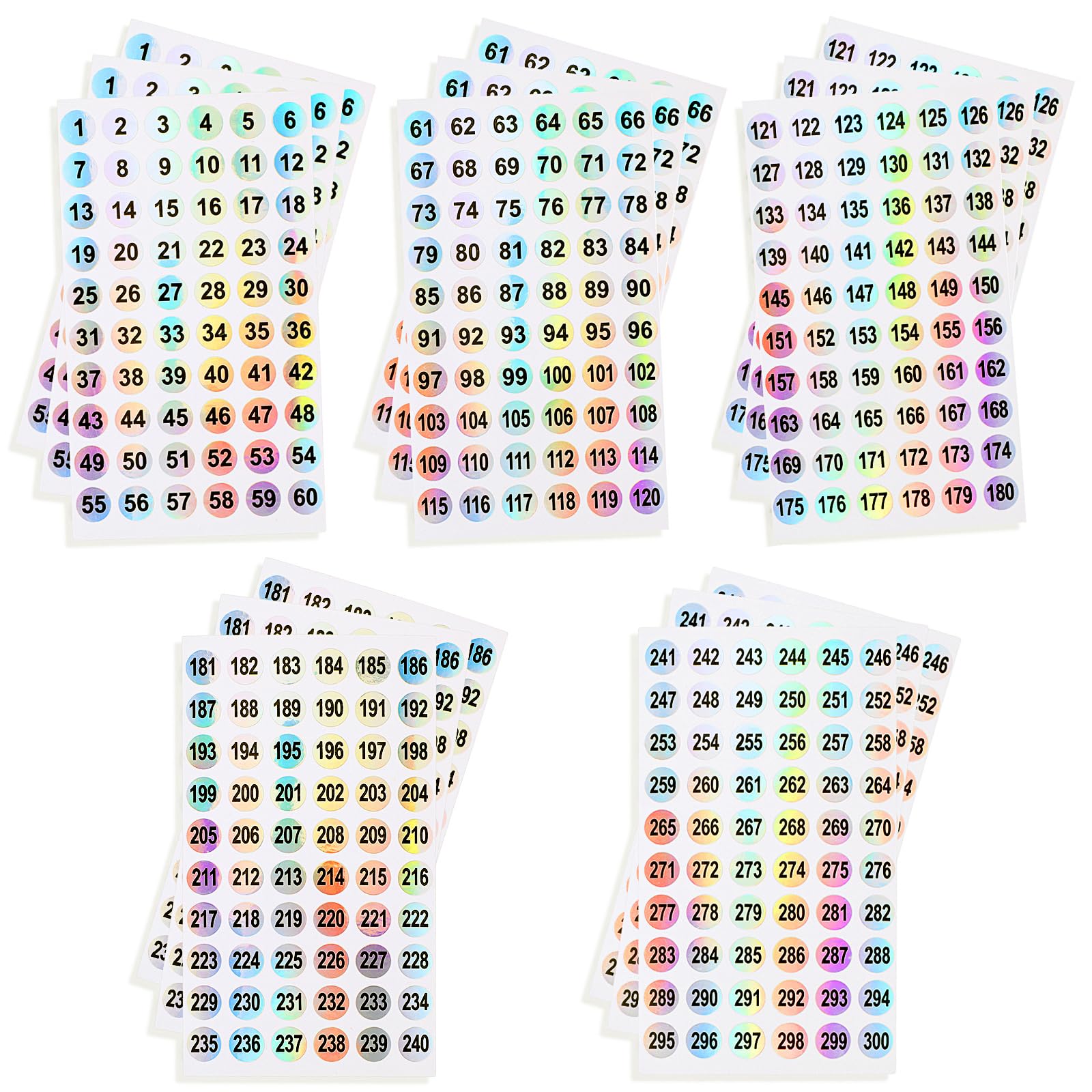 Jeffdad 900 pegatinas para números, 3 juegos de pegatinas holográficas 1-300, pegatinas de números pequeños de 10 mm, autoadhesivas, números redondos, pegatinas láser para ordenar botellas de esmalte