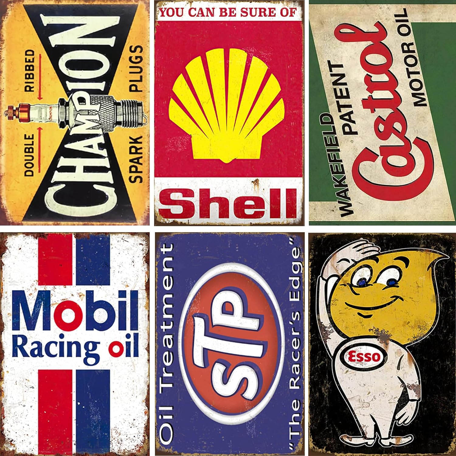 Letreros de pared de metal vintage, 6 piezas, impresiones retro de gasóleo, decoración de 8 x 12 pulgadas para bar, cafetería, garaje, cueva de