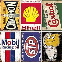 RINEENOM Vintage Metal Tin Signs Set of 6 - Retro Garage Oil Gas Station Wall Decor for Man Cave, 8x12 Inch Posters