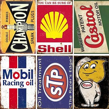 Vintage Metal Tin Signs Set of 6, Retro Garage Signs & Oil & Gas Station Wall Decor for Man Cave - 8x12 Inch Old Car Shop Posters