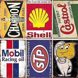Vintage Metal Tin Signs Set of 6, Retro Garage Signs & Oil & Gas Station Wall Decor for Man Cave