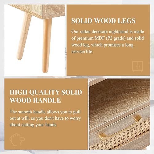 Miniatura 5 de LETESA Mesitas de noche de ratán, con cajón decorativo de ratán y estante abierto, mesas auxiliares de cama con pies de madera maciza, mesa