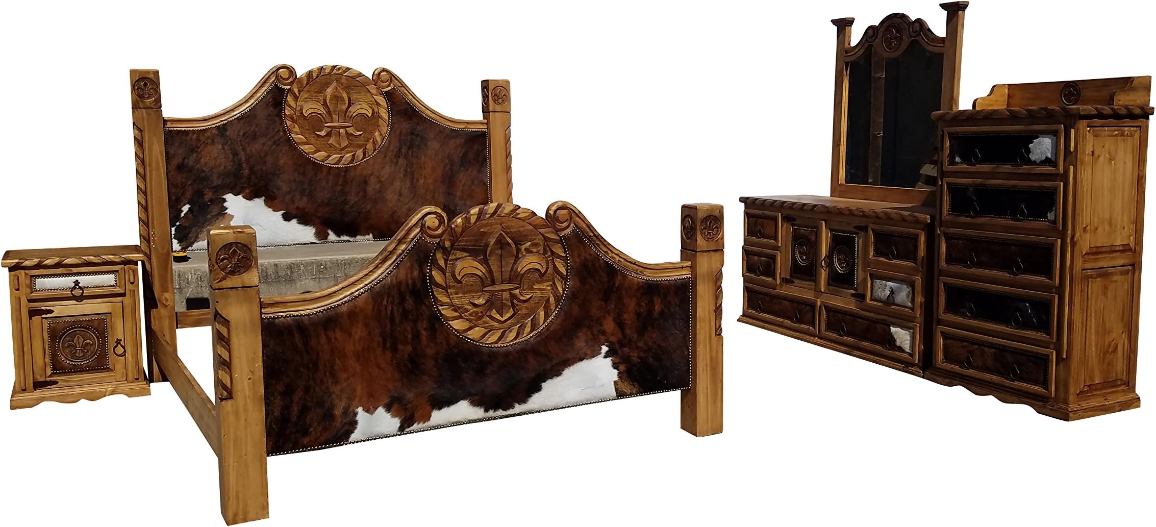 Hi End Cowhide Rustic Bedroom Set with Fluer De Lis and Rope Accents 6 Piece Complete (Queen Size Set)
