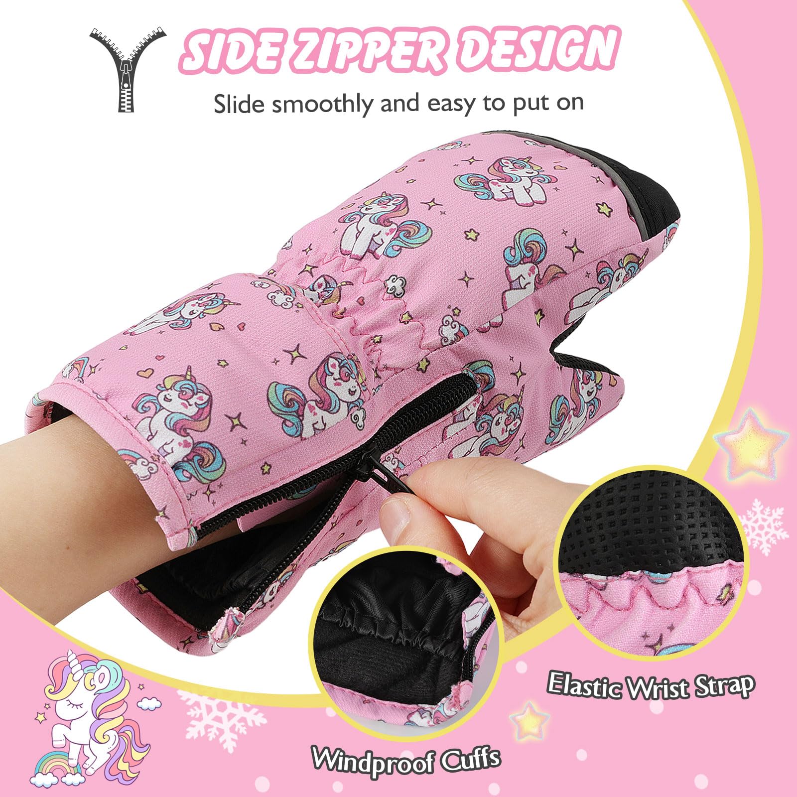 MoKo Guantes de Esquí para Niños, Guantes de Invierno Térmicos Niños Impermeables con Cremallera para Esquí Aire Libre Clima Frío, Guantes Esquí de Terciopelo Cálidos para Niños