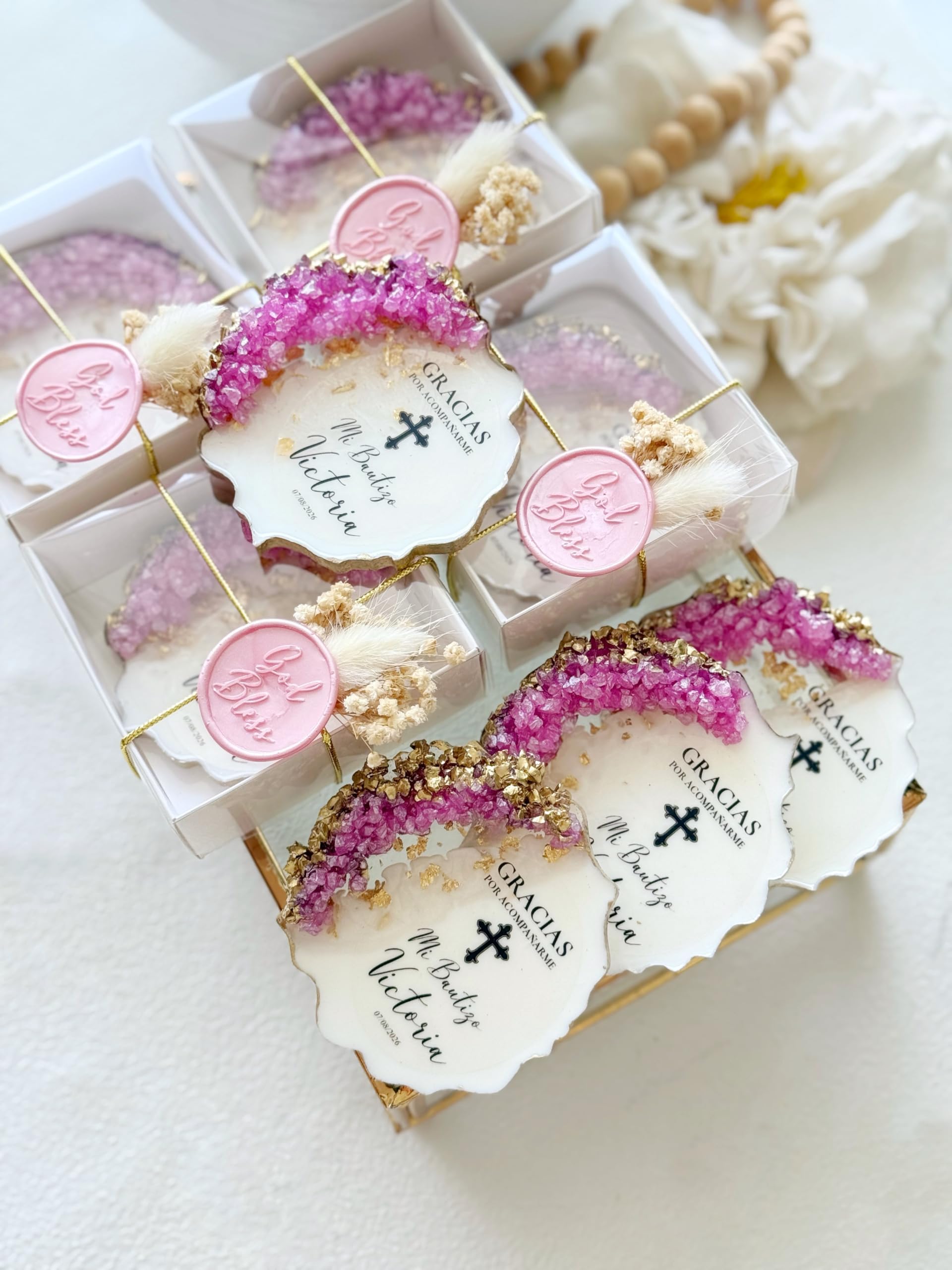 Personalisierte Gastgeschenke Taufe, Taufgeschenk für Gäste, Epoxidharz Magnet mit Name & Datum, Gastgeschenk Taufe Junge Mädchen, Christliche Taufdeko mit Wachssiegel (20 Stück mit Geschenkbox)