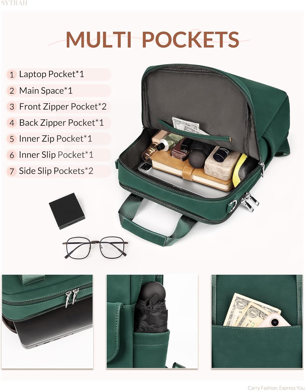 Leather Laptop Backpack 15.6 Inch Womens Laptop Bag, 3 IN 1 Computer Bag Handbag with Colorful Shoulder Bag Strap for Work Travel College Green - Image 5